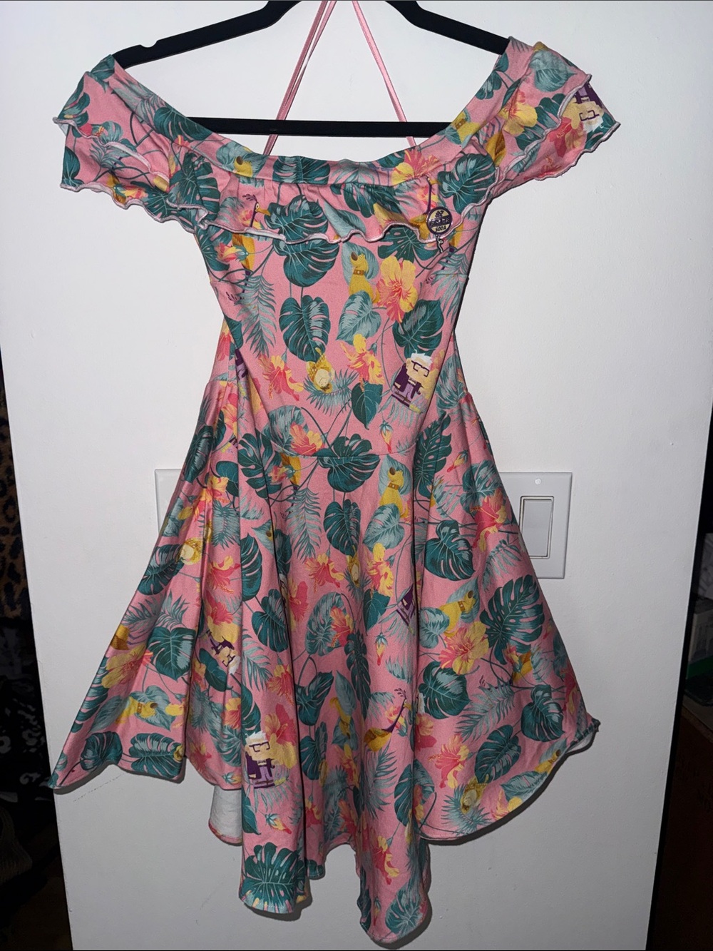 StitchShoppe by Loungefly Pink Tropical Leaf Off-Shoulder Dress